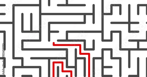 Getting out of maze, pathing through labyrinth, looking for door to success, top view of maze and red line shows solution, footage