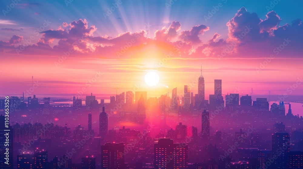 A vibrant sunset over a city skyline, casting colorful rays and silhouettes of buildings. A vibrant sunset over a city skyline, casting colorful rays and silhouettes of buildings.