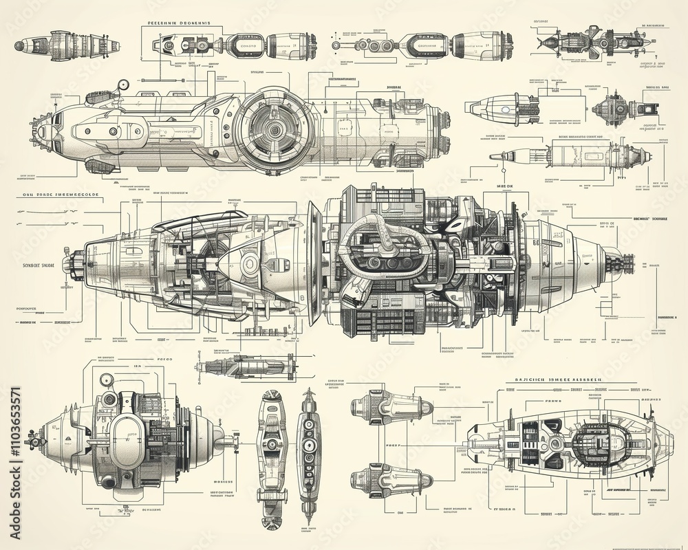Obraz premium Detailed technical drawings of modern futuristic machinery