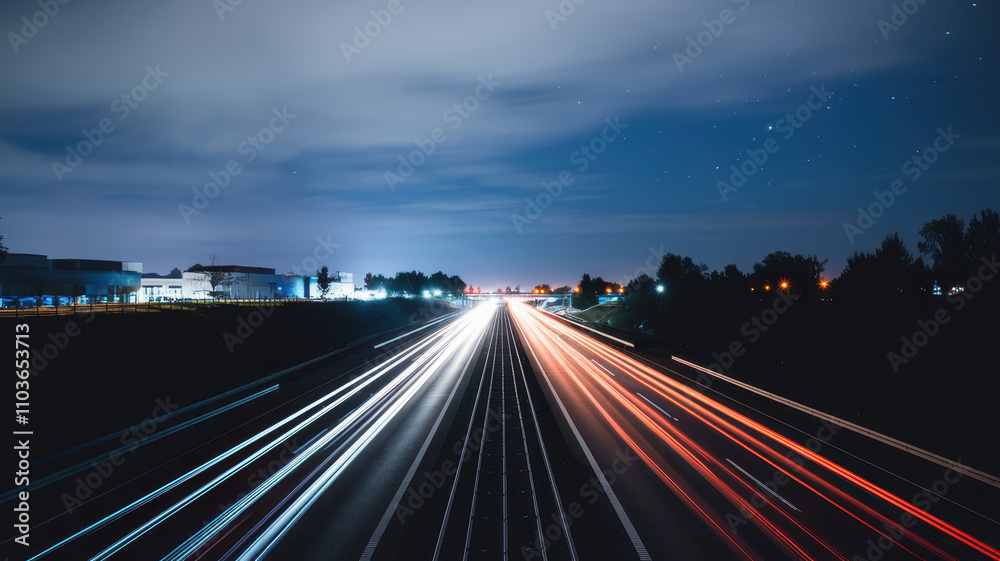 A vibrant night view of a highway with streaks of light from cars, creating a dynamic contrast against the dark sky filled with stars. A vibrant night view of a highway with streaks of light from cars, creating a dynamic contrast against the dark sky filled with stars.