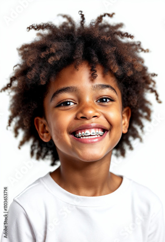  Cheerful portrait of a smiling African American child with braces on a white background.