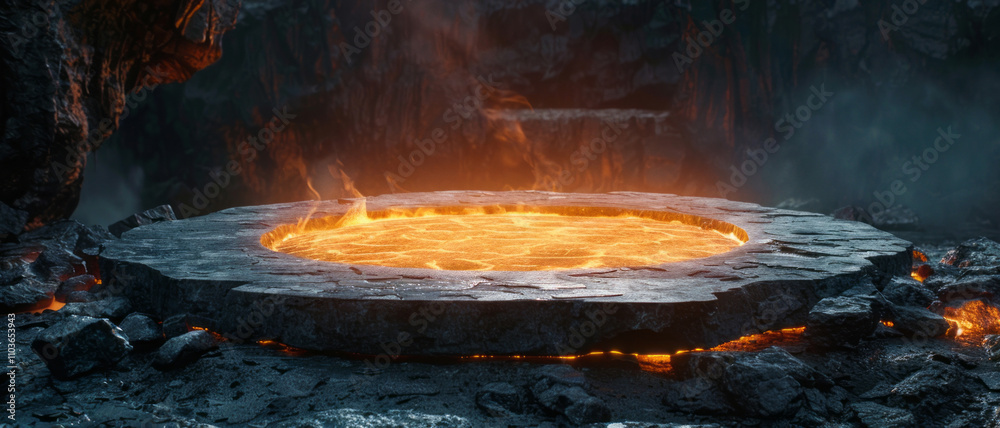 A round podium made of lava, surrounded by black rocks, set against a dark and moody background with subtle lighting creating an eerie atmosphere. A round podium made of lava, surrounded by black rocks, set against a dark and moody background with subtle lighting creating an eerie atmosphere.