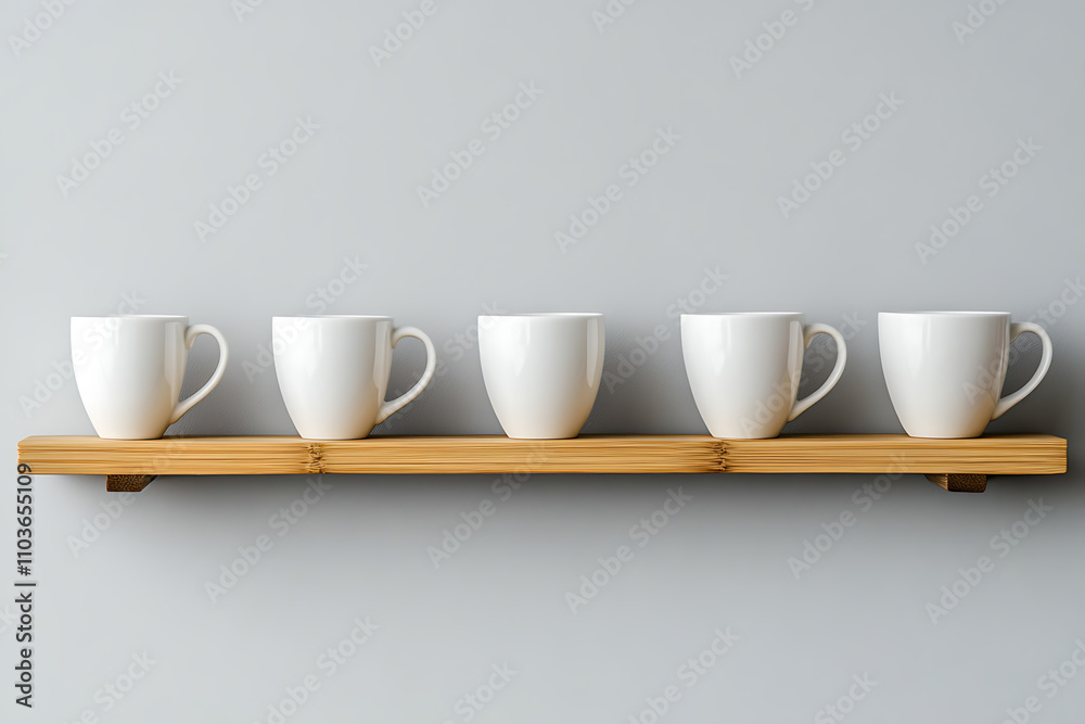 Elegant White Mugs on a Wooden Shelf Elegant White Mugs on a Wooden Shelf