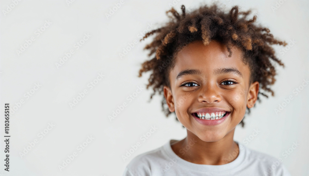 Cheerful portrait of a smiling African American child with braces on a white background. Cheerful portrait of a smiling African American child with braces on a white background.