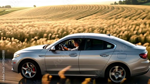 Silver Car Driving through Scenic Farmlands photo