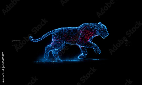 Neon Panther in Low Poly Wire Frame Technology Background with Futuristic Glow photo