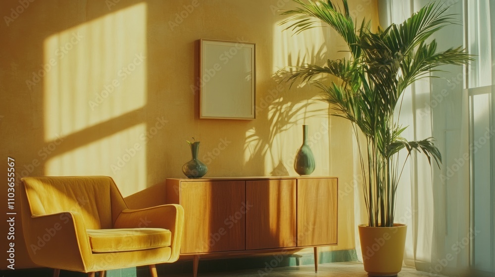 Fototapeta premium A serene living room with a yellow sofa, a matching chair, a tall green plant in a pot, and a small vase displayed on a modern storage cabinet