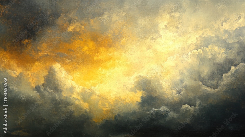 Naklejka premium Dramatic evening sky with vibrant golden hues blending into white, gray, and dark clouds, creating a captivating and moody atmosphere.