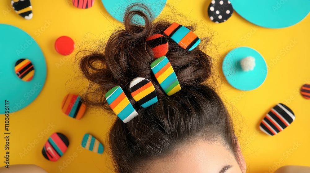 Naklejka premium A dynamic image of hair clips in use, holding back a messy bun with vibrant colors and patterns, set against a bright and cheerful background