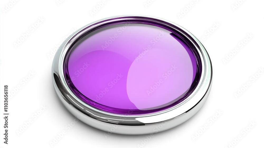 Glossy purple 3D button with a rounded glass surface and chrome frame, set on a clean white backdrop, showcasing a sleek modern design. Glossy purple 3D button with a rounded glass surface and chrome frame, set on a clean white backdrop, showcasing a sleek modern design.