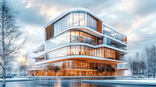 Modern office building with glass facade and snowy surroundings.