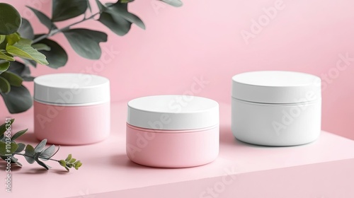 Pink and White Cosmetic Jars with Greenery