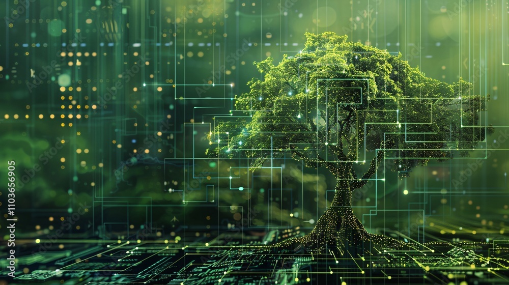 Digitally abstract image of a tree like structure surrounded by a futuristic energy network representing the intersection of nature technology and innovation Digitally abstract image of a tree like structure surrounded by a futuristic energy network representing the intersection of nature technology and innovation