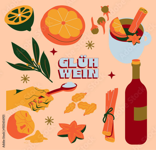 Frau Mädchen vorbereit Glühwein Rezept – Winterliche Illustration mit Gewürzen und Zutaten, Minimalistische.