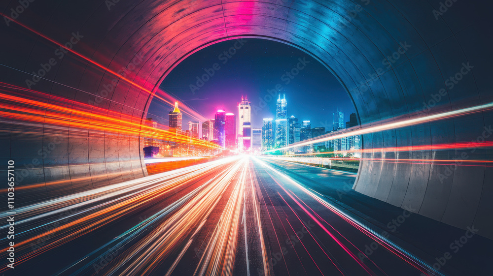 A stunning night view from a tunnel, showcasing vibrant light trails of vehicles racing towards a futuristic city skyline with skyscrapers. A stunning night view from a tunnel, showcasing vibrant light trails of vehicles racing towards a futuristic city skyline with skyscrapers.