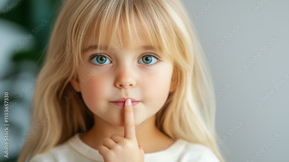 Young girl with long blonde hair holding her finger to her lips in a quiet gesture indoors during daylight. Young girl with long blonde hair holding her finger to her lips in a quiet gesture indoors during daylight.