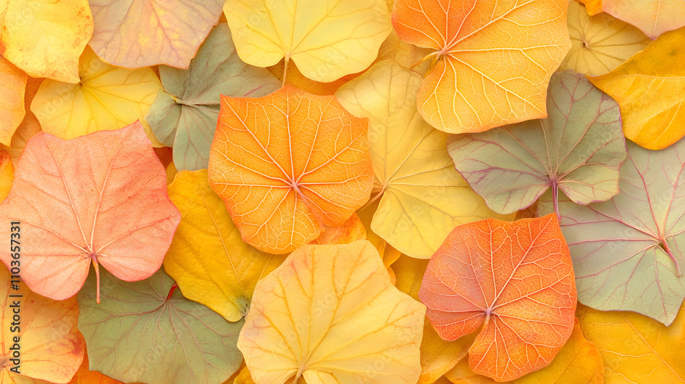 Obraz premium A vibrant collection of autumn leaves in various shades of orange, yellow, and green.