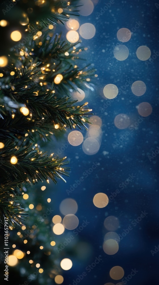 Christmas garland with bokeh lights on dark blue background Christmas garland with bokeh lights on dark blue background