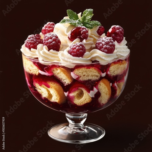 A raspberry trifle dessert with whipped cream and a sprig of mint, perfect for a summer gathering