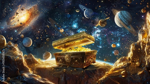 Magical glowing treasure chest floating in a vast cosmic nebula universe filled with planets moons and sparkling stars  An ancient relic of untold power and mystery