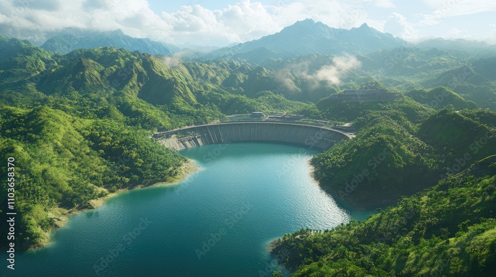 A high-angle view of a large water reservoir surrounded by forests and mountains, showcasing the natural environment and the man-made structure coexisting A high-angle view of a large water reservoir surrounded by forests and mountains, showcasing the natural environment and the man-made structure coexisting