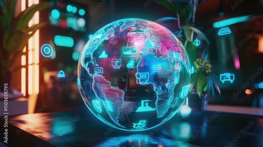 A futuristic holographic globe with floating AR icons representing various industries; mixed-media, neon overlays, high-tech theme A futuristic holographic globe with floating AR icons representing various industries; mixed-media, neon overlays, high-tech theme