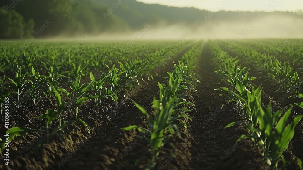 Lush Green Corn Field with Morning Fog at Sunrise in Rural Landscape Lush Green Corn Field with Morning Fog at Sunrise in Rural Landscape