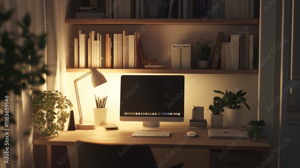 Cozy Home Office Setup 3D Illustration Night Workspace Desk Computer Plants Books Cozy Home Office Setup 3D Illustration Night Workspace Desk Computer Plants Books