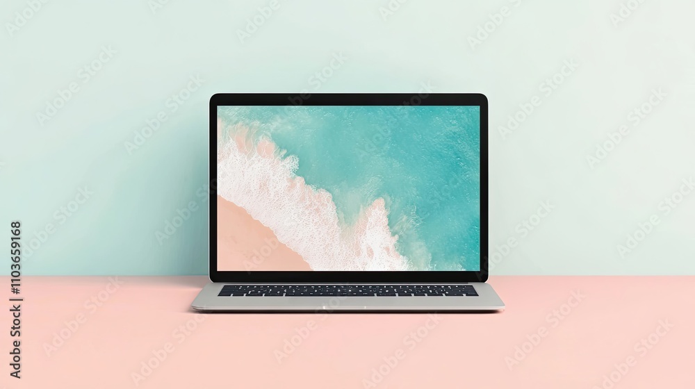 Fototapeta premium Laptop Displaying a Beach Scene on a Pink Surface