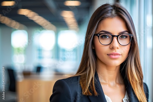 Gen Z woman with office background and copy space.