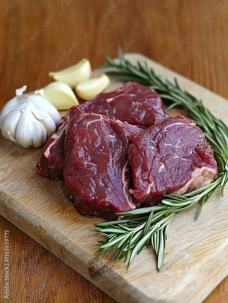 Fresh Raw Beef Steak with Garlic and Rosemary on Wooden Board Fresh Raw Beef Steak with Garlic and Rosemary on Wooden Board