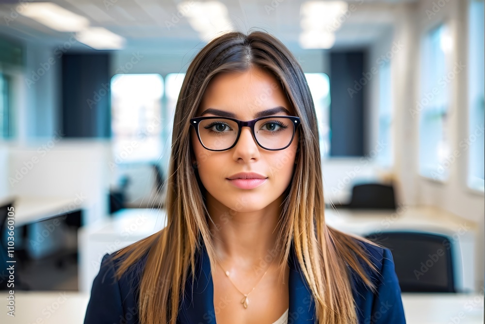 Gen Z woman with office background and copy space. Gen Z woman with office background and copy space.