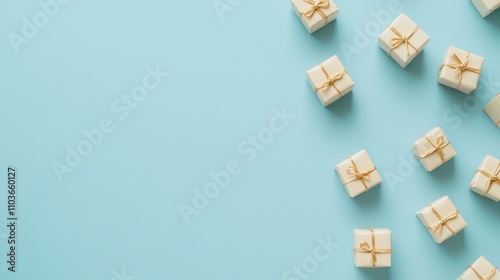 Aesthetic arrangement of small gift boxes with golden bows scattered on a soft blue background, creating a festive and inviting atmosphere.