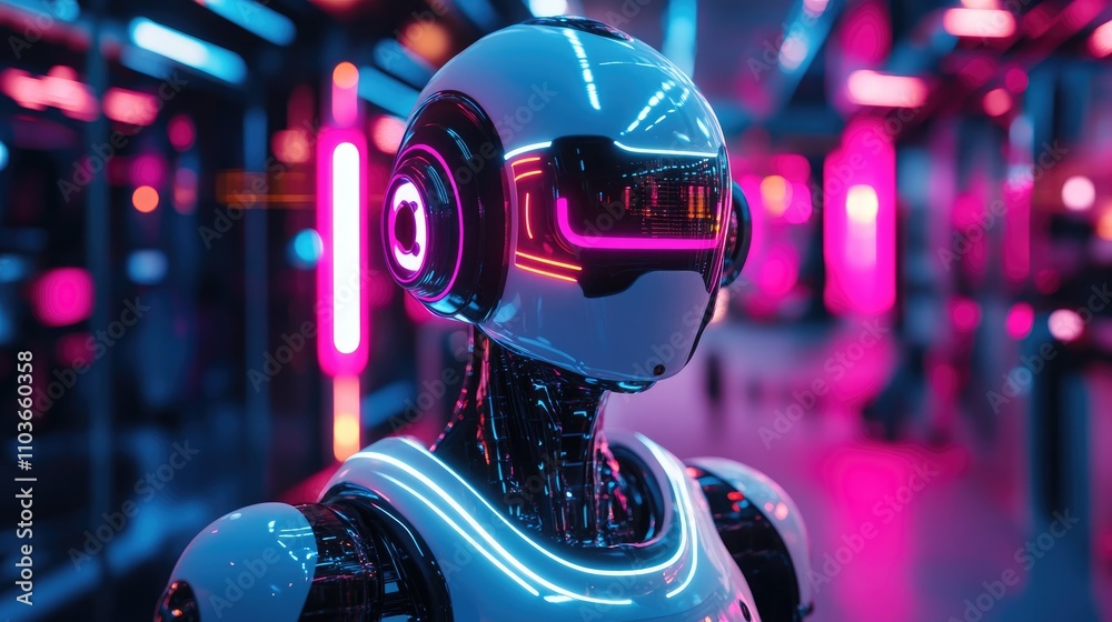 Futuristic robot with a sleek design, enhanced by glowing neon lights, set against a vibrant advanced technological backdrop. Futuristic robot with a sleek design, enhanced by glowing neon lights, set against a vibrant advanced technological backdrop.
