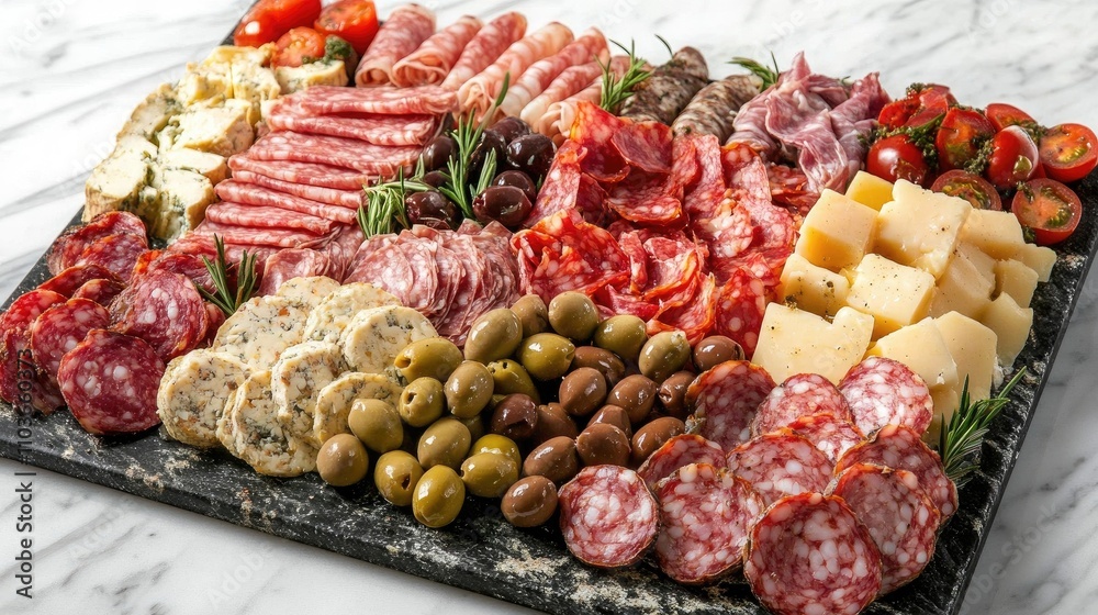 A plate of colorful antipasto featuring cured meats, olives, cheeses, and roasted vegetables, artistically arranged on a marble platter, showcasing Italian appetizers A plate of colorful antipasto featuring cured meats, olives, cheeses, and roasted vegetables, artistically arranged on a marble platter, showcasing Italian appetizers