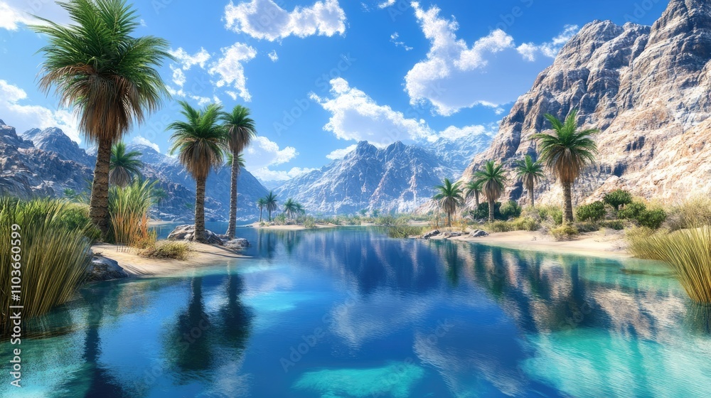 Tranquil desert oasis with lush palm trees, crystal-clear waters, and rugged mountains under a vibrant blue sky, providing a serene getaway. Tranquil desert oasis with lush palm trees, crystal-clear waters, and rugged mountains under a vibrant blue sky, providing a serene getaway.