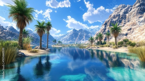 Tranquil desert oasis with lush palm trees, crystal-clear waters, and rugged mountains under a vibrant blue sky, providing a serene getaway.