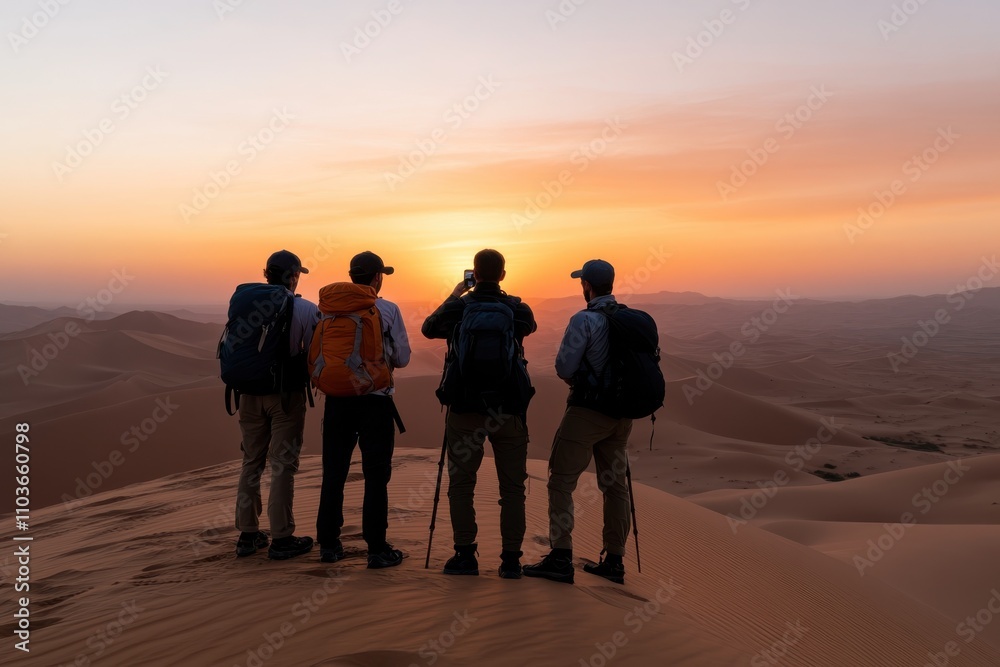 A group of four hikers silhouetted against a vibrant sunset in a desert, capturing a moment of connection with nature and the beauty of the surrounding dunes. A group of four hikers silhouetted against a vibrant sunset in a desert, capturing a moment of connection with nature and the beauty of the surrounding dunes.
