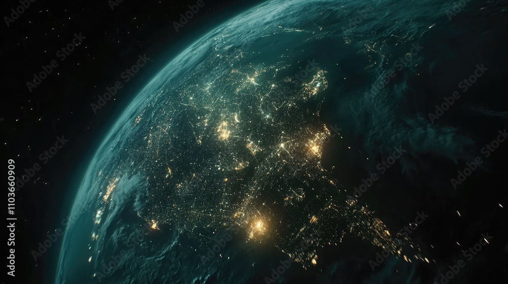 Obraz premium A futuristic satellite view of Earth with glowing city connections forming a global network; photorealistic, night-time palette, subtle neon accents