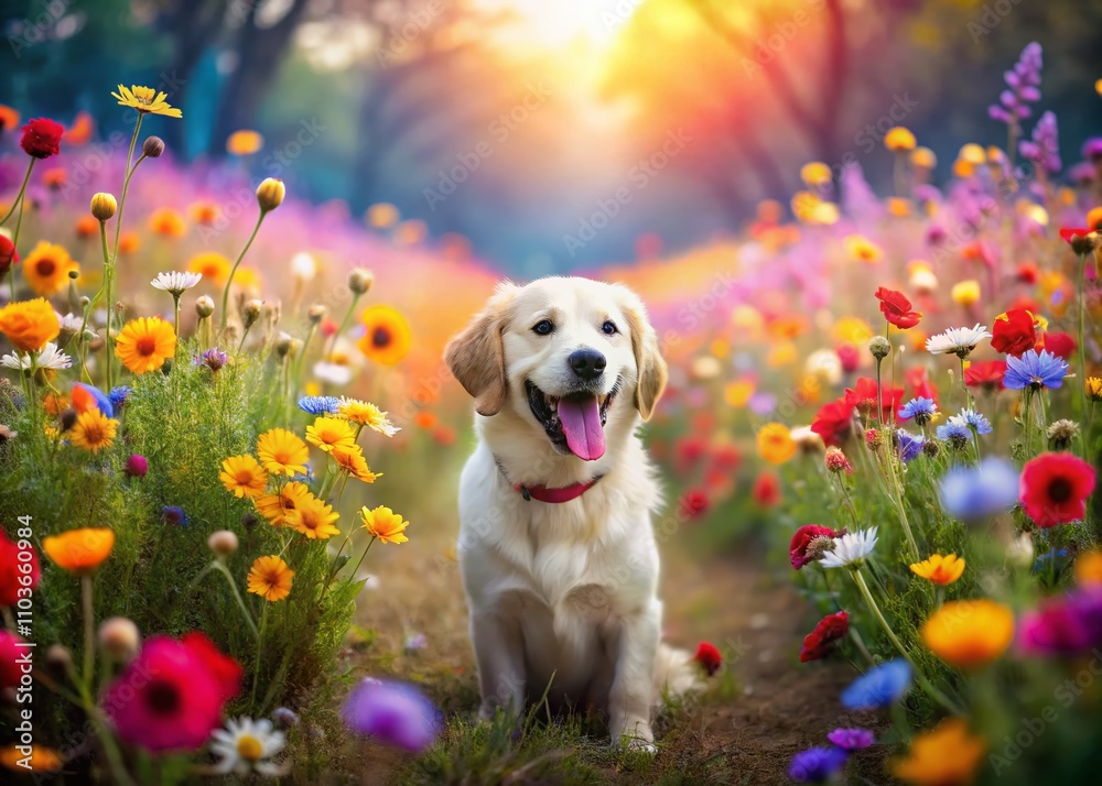 Joyful Puppy in a Colorful Flower Field: A Fairytale Scene of Happiness and Nature, Perfect for Capturing the Essence of Playfulness and Beauty in Stock Photography Joyful Puppy in a Colorful Flower Field: A Fairytale Scene of Happiness and Nature, Perfect for Capturing the Essence of Playfulness and Beauty in Stock Photography