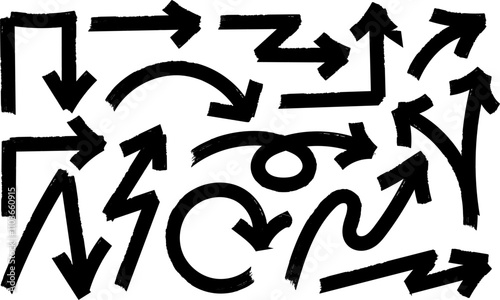 Black hand drawn arrows. Set of hand drawn arrows in various styles. Abstract illustration arrow graphics.