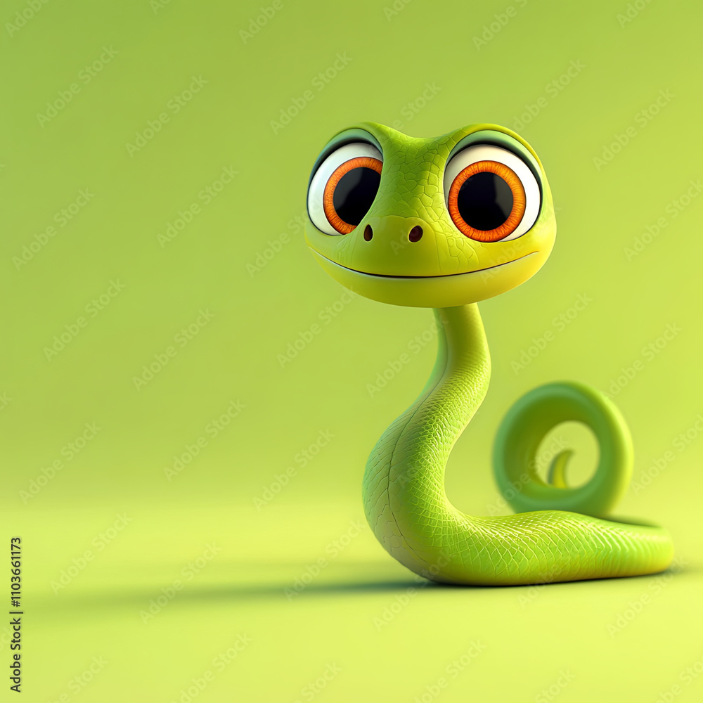 Fototapeta premium Green Cartoon Snake with Big Eyes