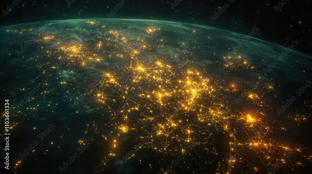 Obraz premium A futuristic satellite view of Earth with glowing city connections forming a global network; photorealistic, night-time palette, subtle neon accents