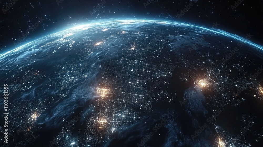 Obraz premium A futuristic satellite view of Earth with glowing city connections forming a global network; photorealistic, night-time palette, subtle neon accents