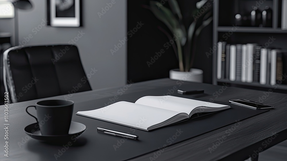 Modern Office Desk Scene With Blank Notebook Modern Office Desk Scene With Blank Notebook