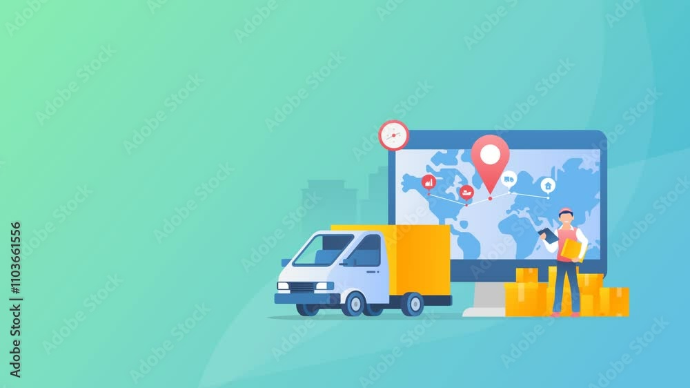 Free delivery services concept, online order tracking, delivery home and office. Warehouse lorry, truck, scooter and bicycle courier, fast delivery man isolated