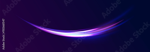 Light arc in neon colors, in the form of a turn. Creative vector illustration of flying cosmic meteor, planetoid, comet, fireball isolated on transparent background. Effect, png, wave,neon,line. 