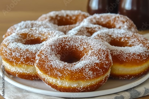 A plate of freshly made donuts dusted with powdered sugar.