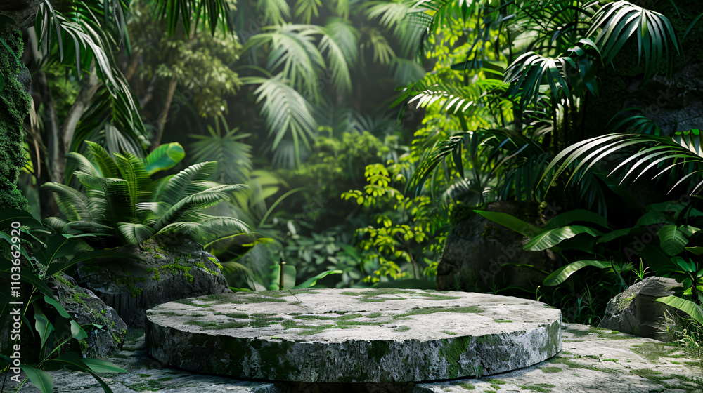 Stone platform pedestal in a tropical forest for product presentation. Green forest backdrop. 3D rendering. Stone platform pedestal in a tropical forest for product presentation. Green forest backdrop. 3D rendering.