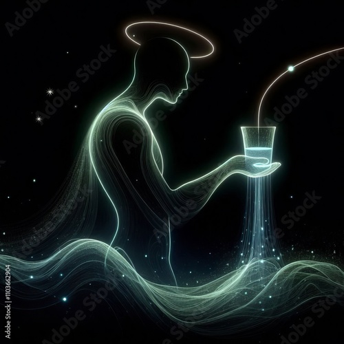  A mystical faint outline of a water-carrier human figure, softly glowing with ethereal green and blue light photo